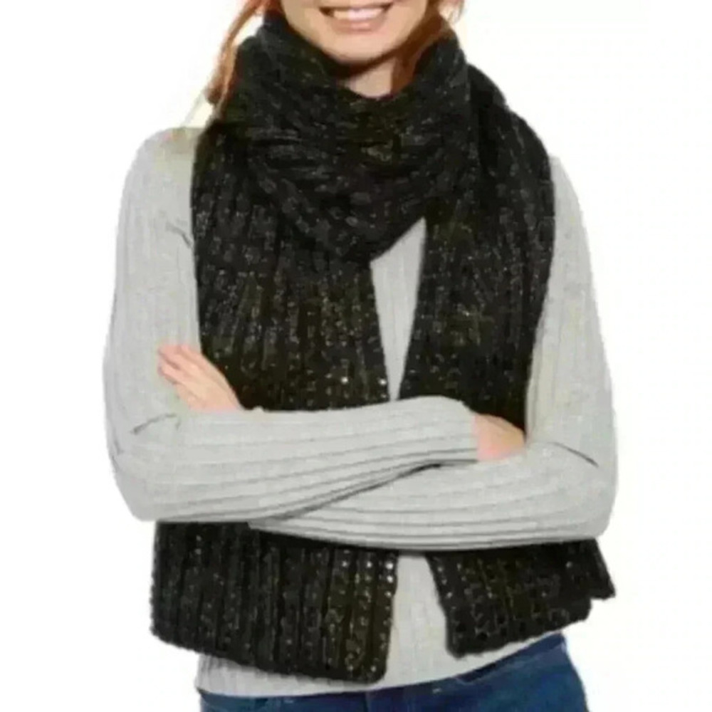 DKNY‎ Studded Rib-Knit Heavyweight Women's Winter Scarf Metallic Black NEW #106